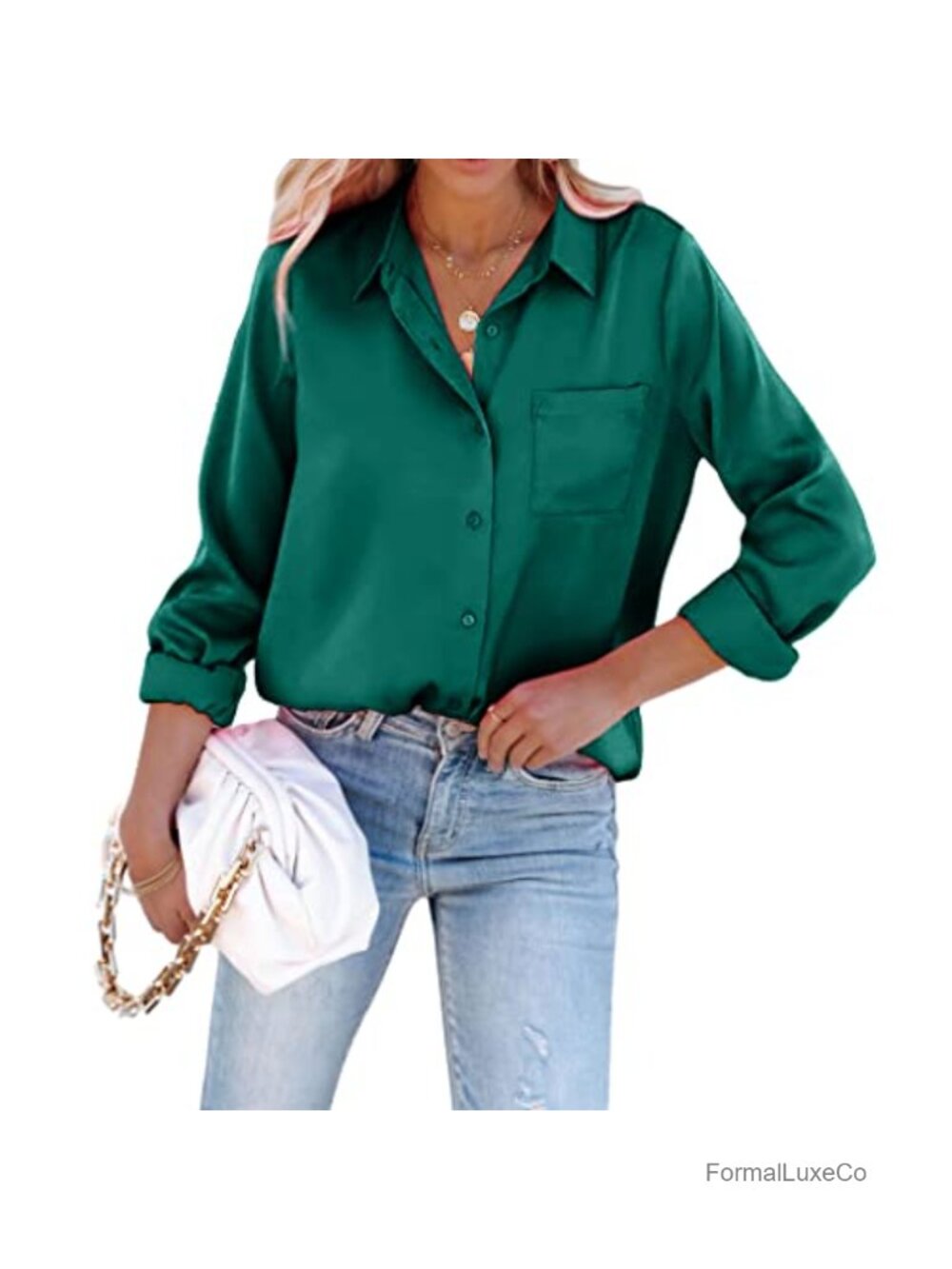 Satin Button Down Shirt Women Long Sleeve Slim Fit Office Blouse